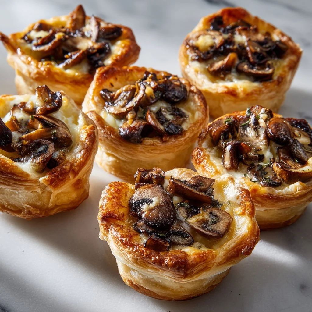 Cheesy mushroom puff pastry bites on a plate, garnished with herbs