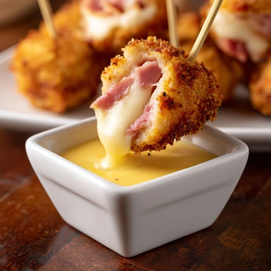 Plate of Chicken Cordon Bleu Bites served with dipping sauce
