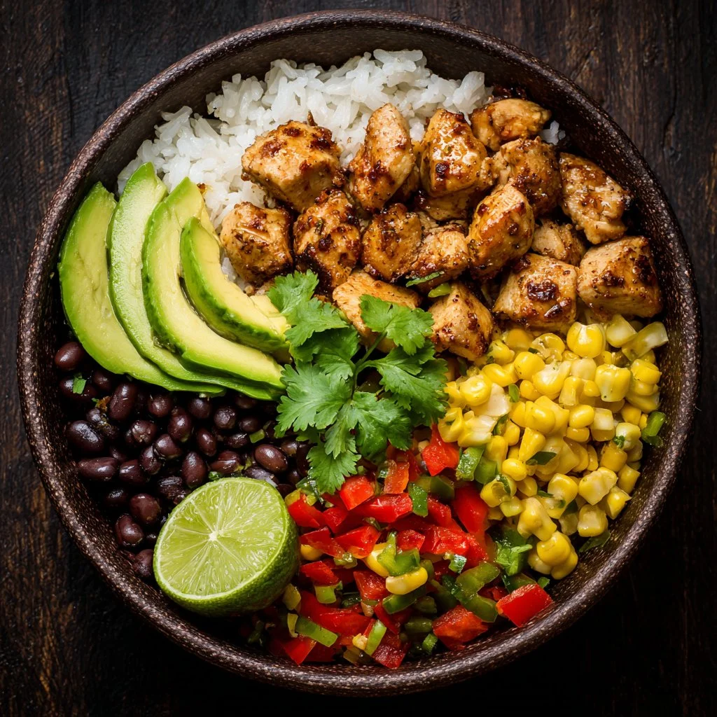 Delicious chicken rice bowls topped with fresh herbs and vegetables