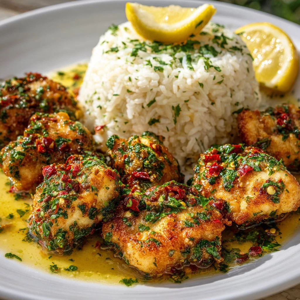 Delicious Chicken Scampi served with Garlic Parmesan Rice on a plate