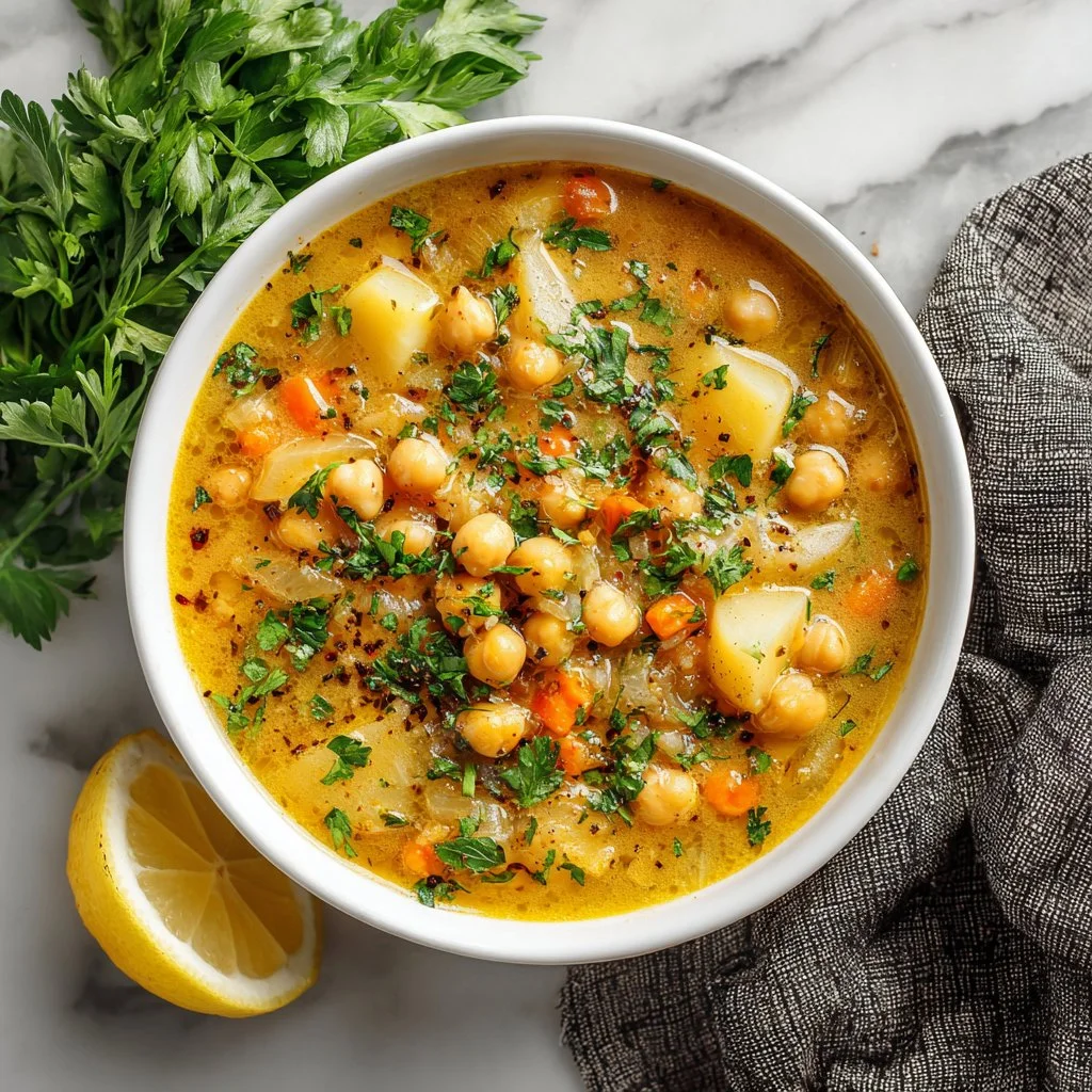 Bowl of chickpea potato soup garnished with herbs and spices