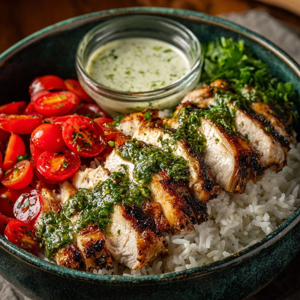 Chimichurri Grilled Chicken Bowl with garlic sauce served in a bowl