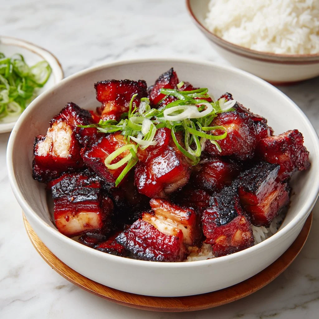Delicious Chinese BBQ Pork (Char Siu) served on a plate with vibrant garnishes.