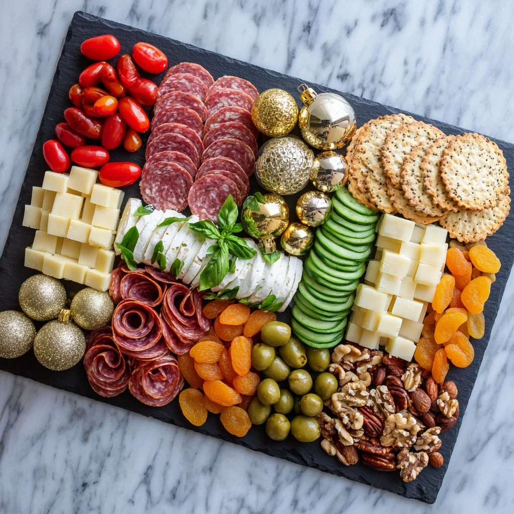 Beautifully arranged Christmas charcuterie board with festive treats and decorations.