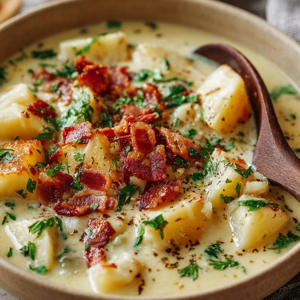 Bowl of classic baked potato soup topped with cheese and chives