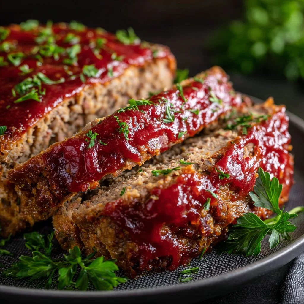 Delicious classic homestyle meatloaf served with mashed potatoes and green beans