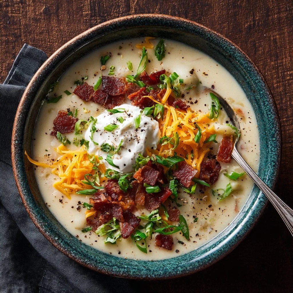 Bowl of classic loaded potato soup with toppings of cheese and green onions