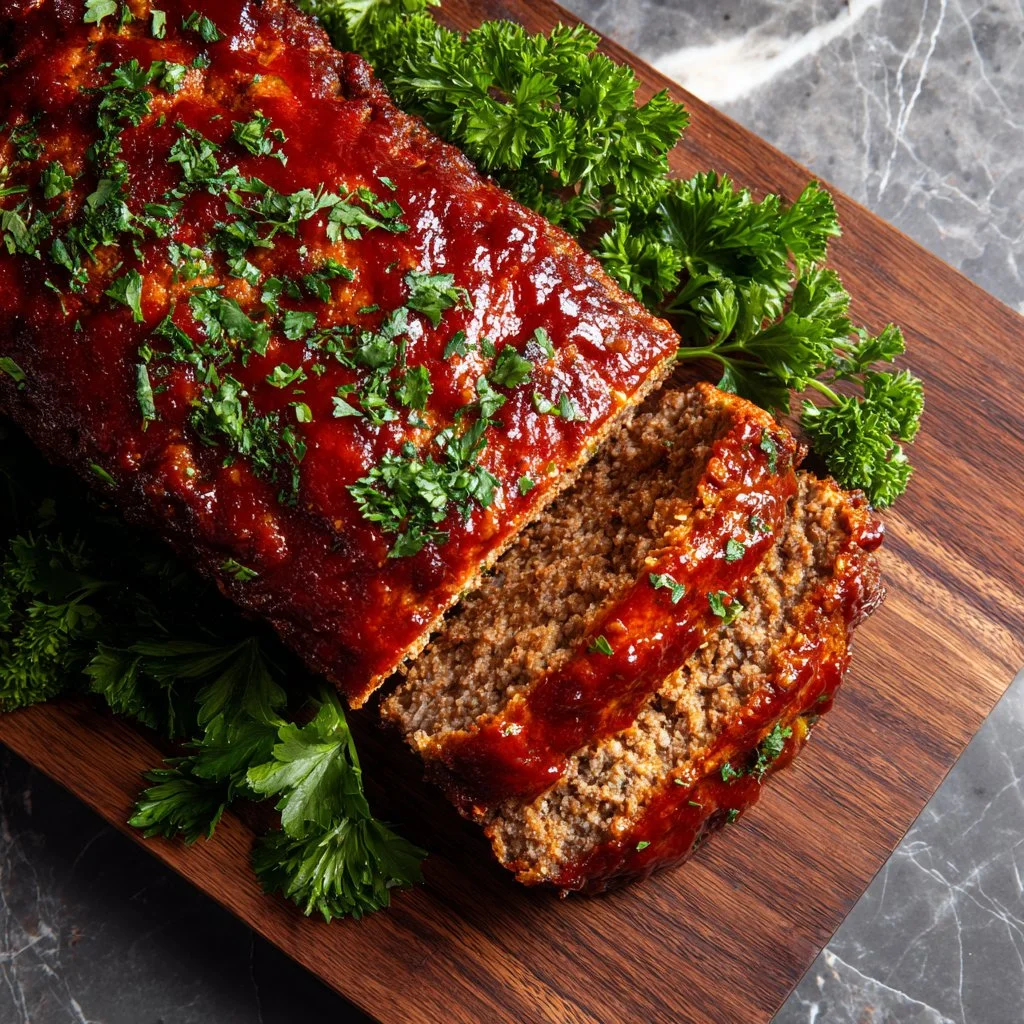 Classic meatloaf made with ground beef served on a plate