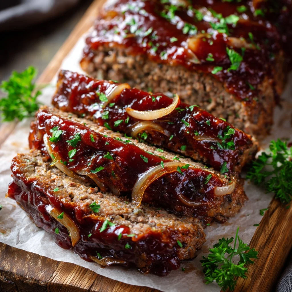 Delicious modern meatloaf served with vegetables on a rustic table