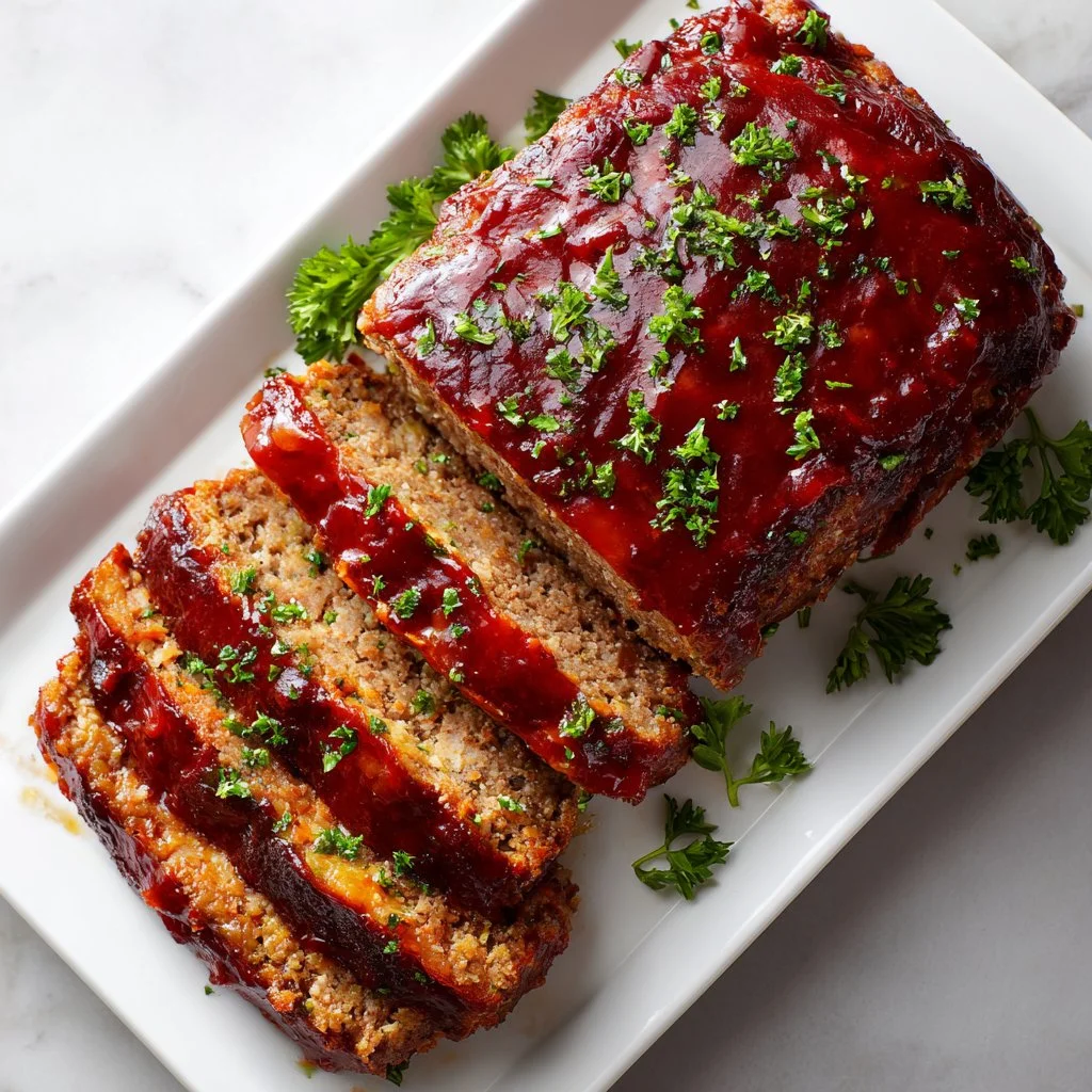 Delicious classic meatloaf on a plate garnished with parsley