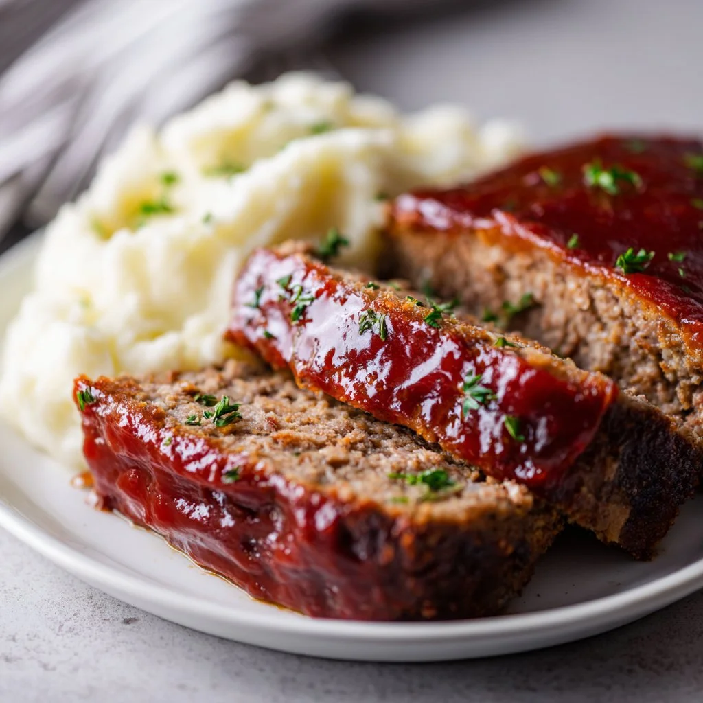 Delicious classic meatloaf served with mashed potatoes and green beans.