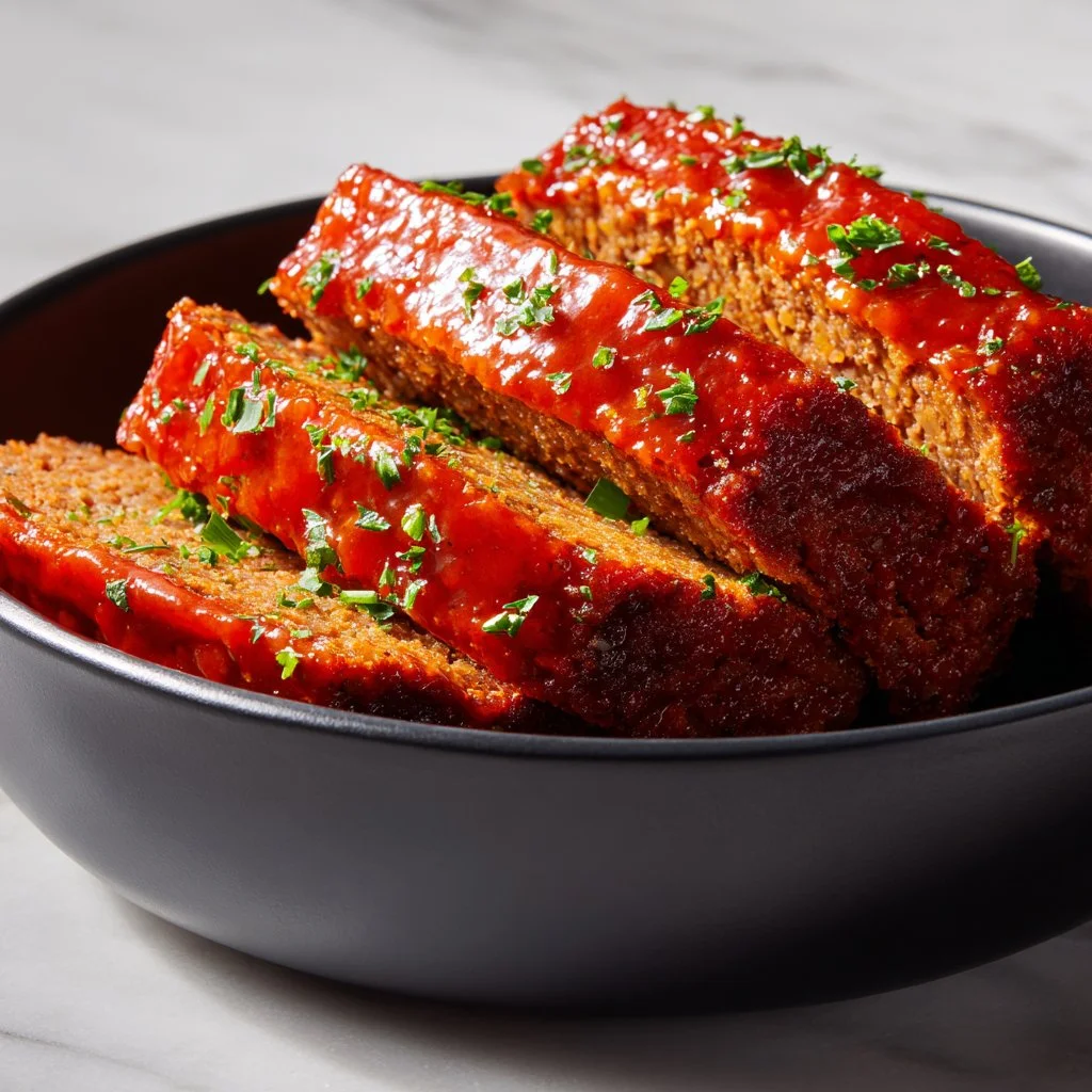 Deliciously baked classic meatloaf served with mashed potatoes and vegetables.