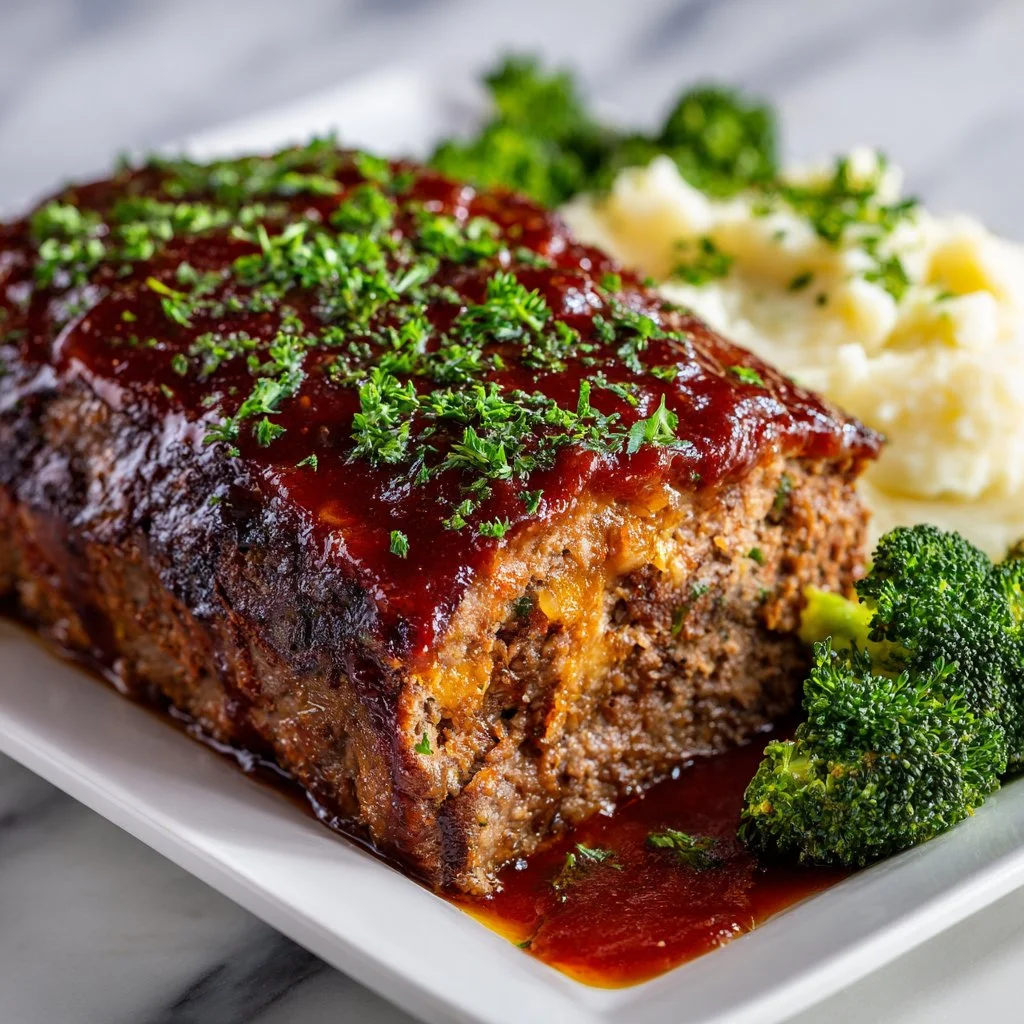 Sliced classic meatloaf with sweet and savory glaze on a rustic wooden table