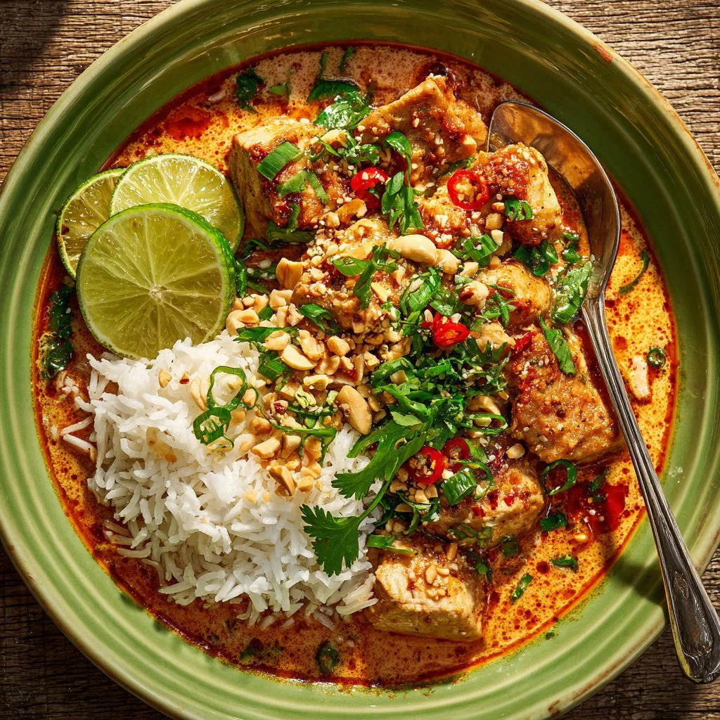Delicious Coconut Lime Chicken served with fresh herbs and lime wedges.