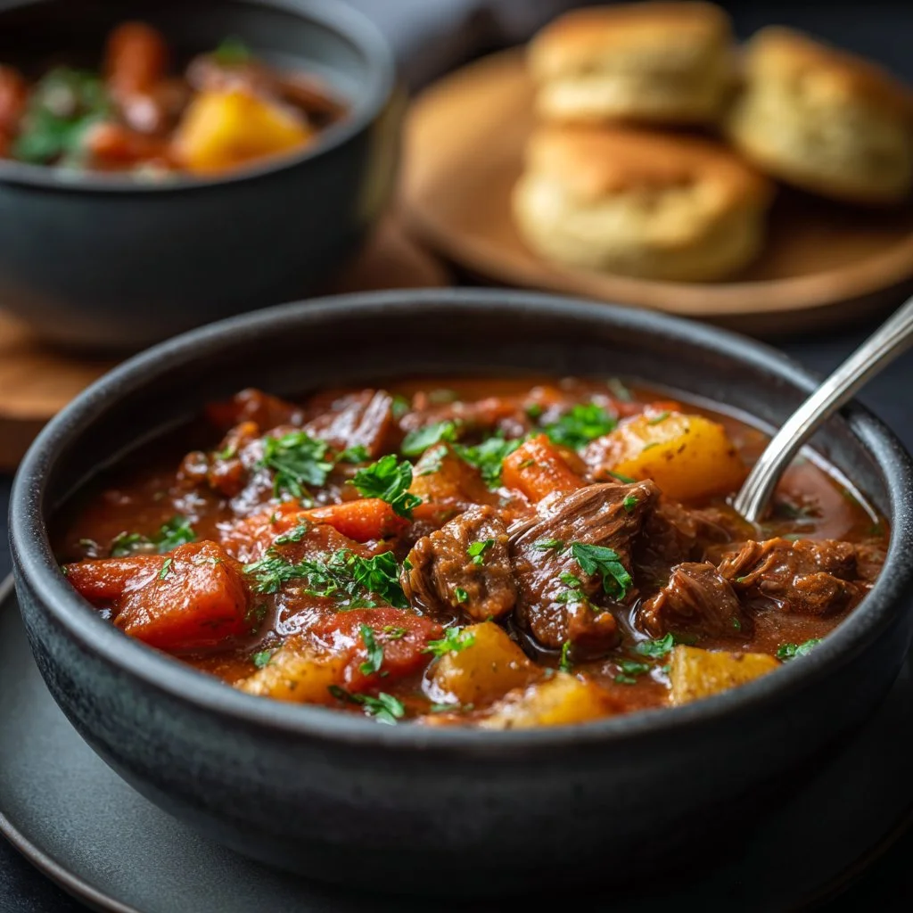 A comforting bowl of homemade crockpot beef stew with vegetables and herbs