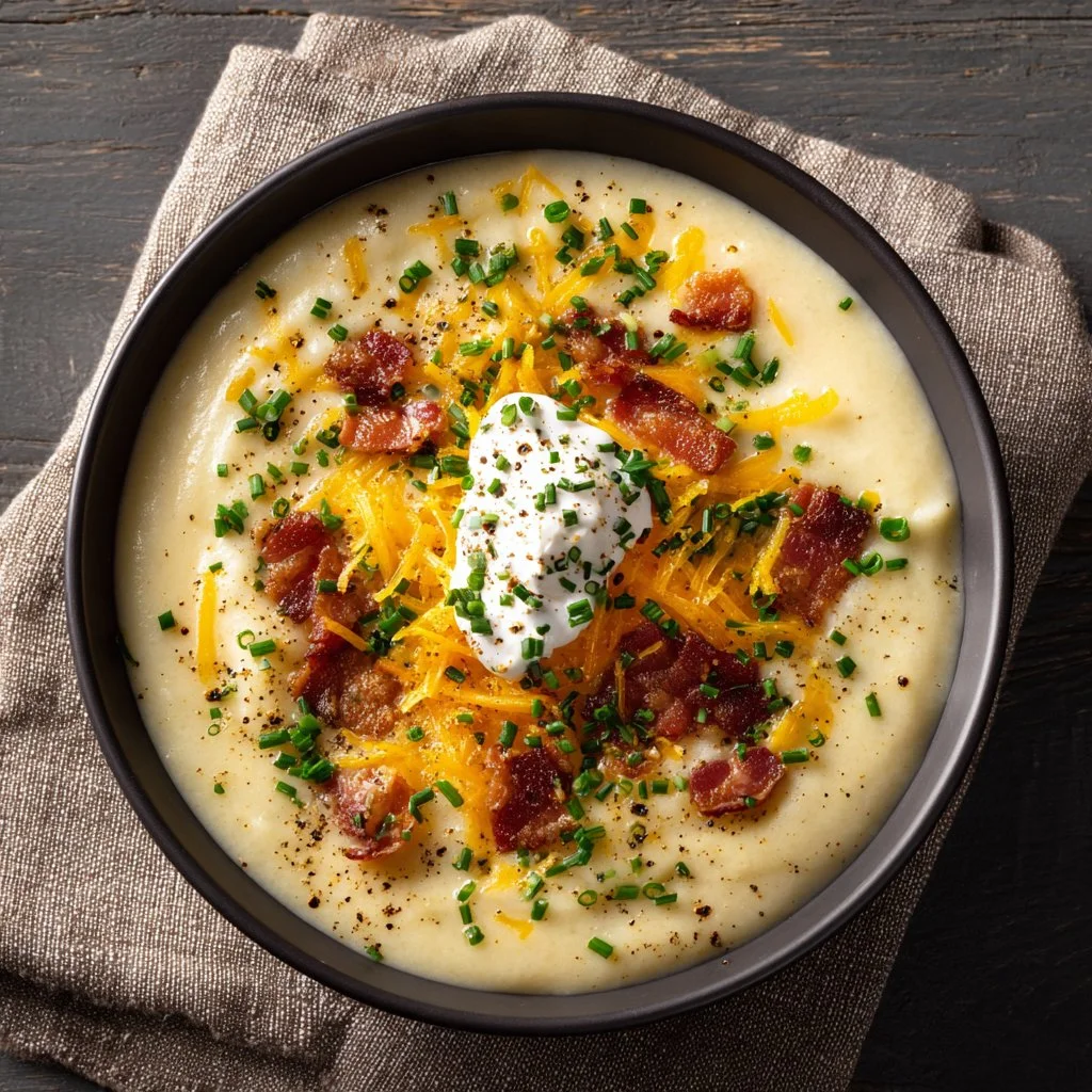 Delicious bowl of loaded baked potato soup topped with cheese and green onions