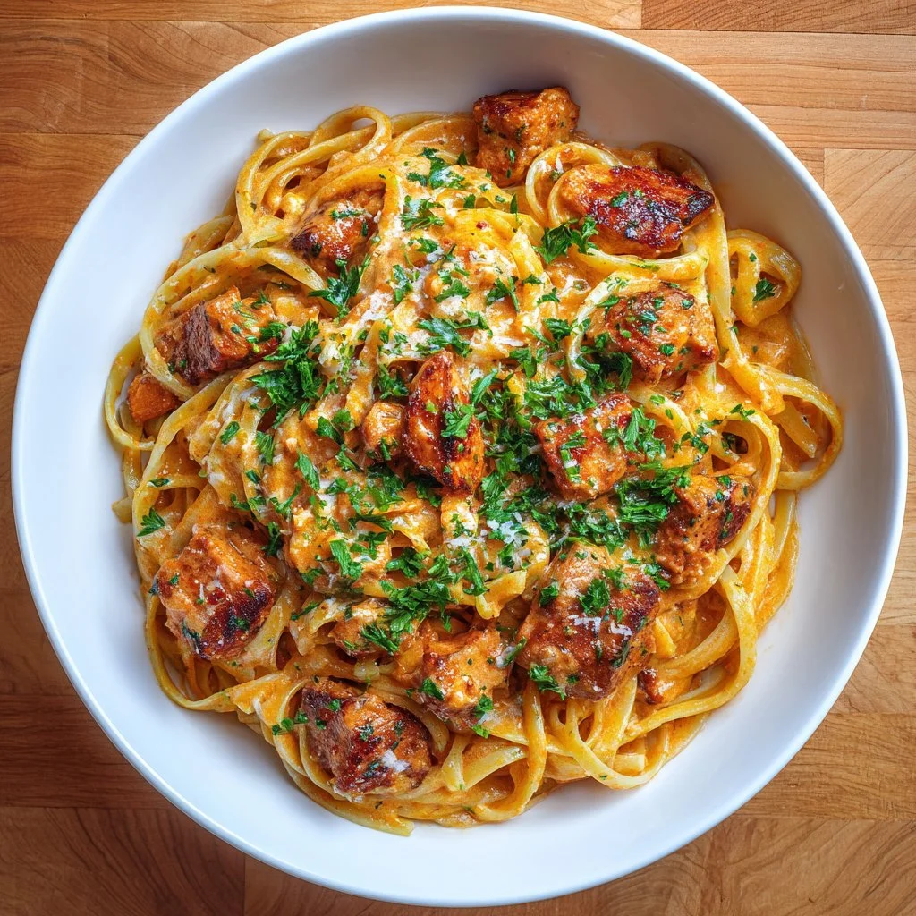 Delicious Cowboy Butter Chicken Linguine with creamy sauce and herbs