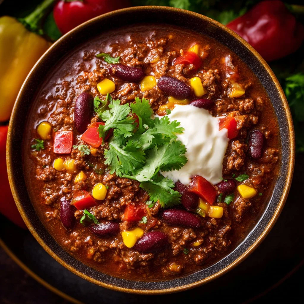 A bowl of high protein chili topped with fresh herbs and ingredients.