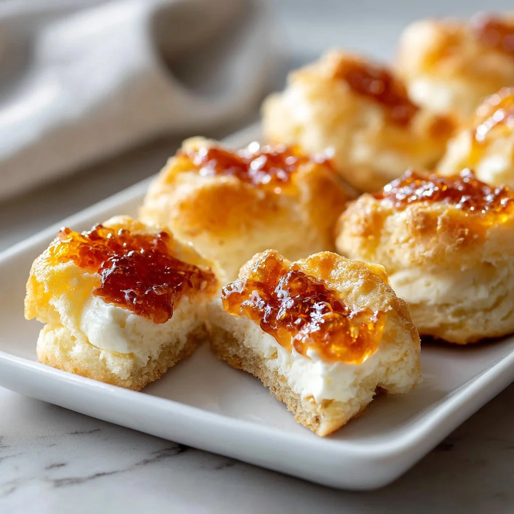 Cream cheese bites topped with pepper jelly, easy appetizer recipe with three ingredients.