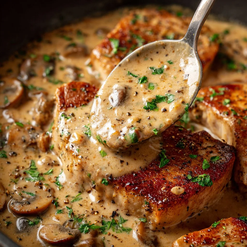 Cream of mushroom sauce served over pork chops for a savory meal
