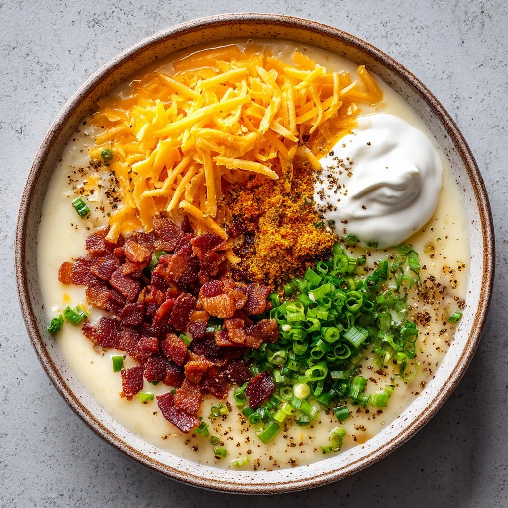 Bowl of creamy bacon potato soup garnished with chives and crispy bacon bits