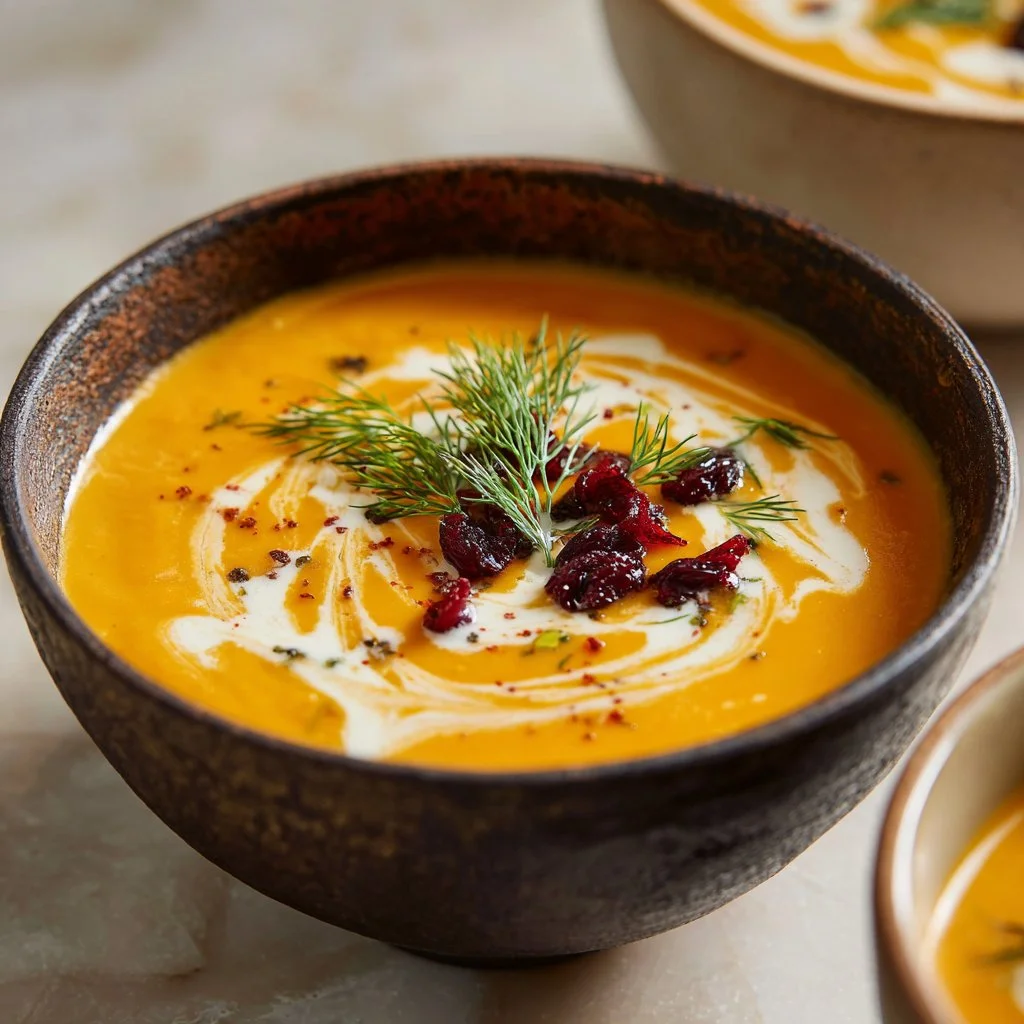 Bowl of creamy carrot and sweet potato soup garnished with herbs