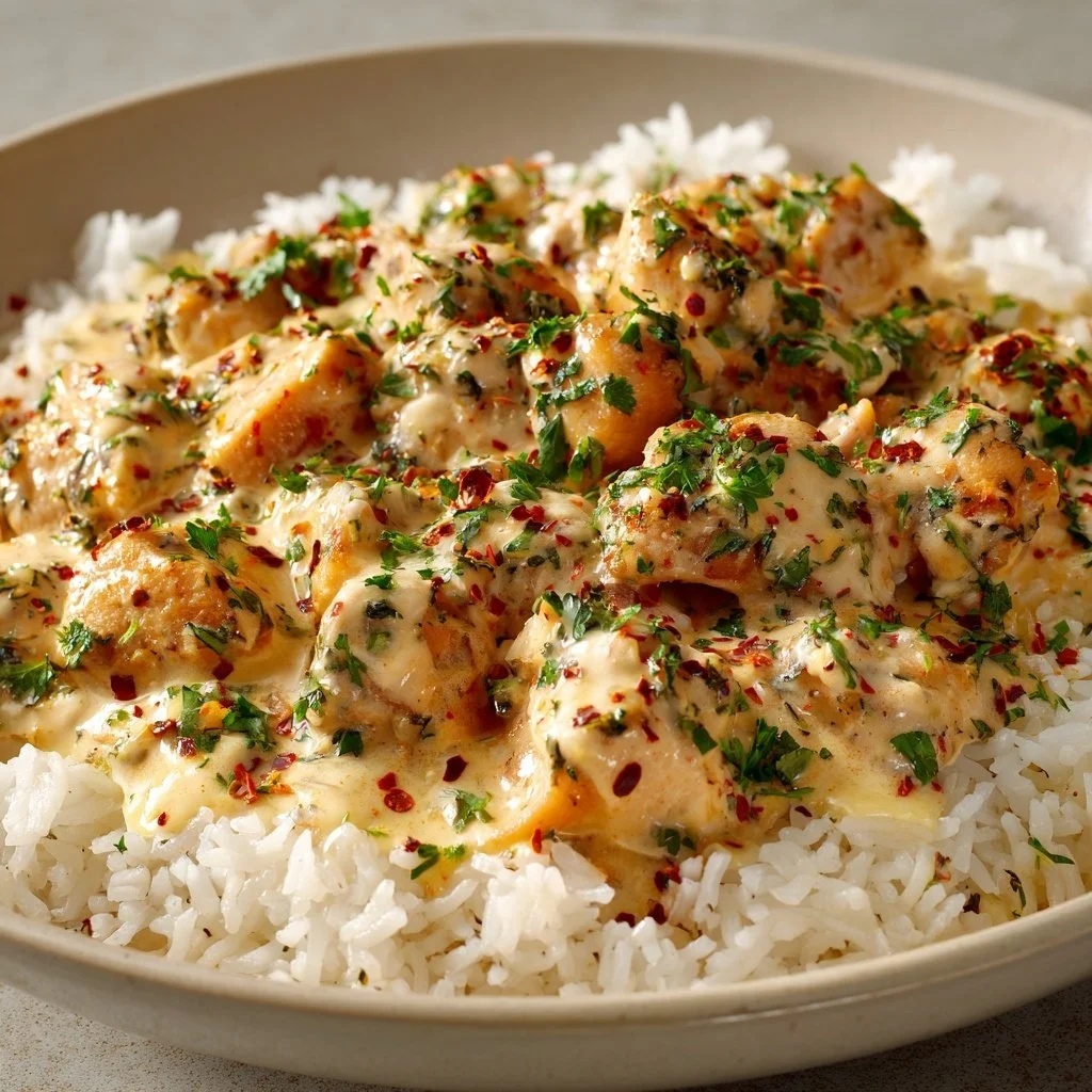 Creamy chicken and rice served in a bowl with fresh herbs