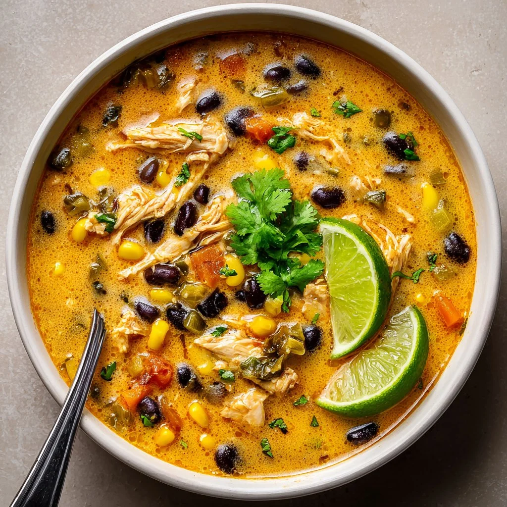 Bowl of creamy chicken poblano soup with vibrant peppers and herbs