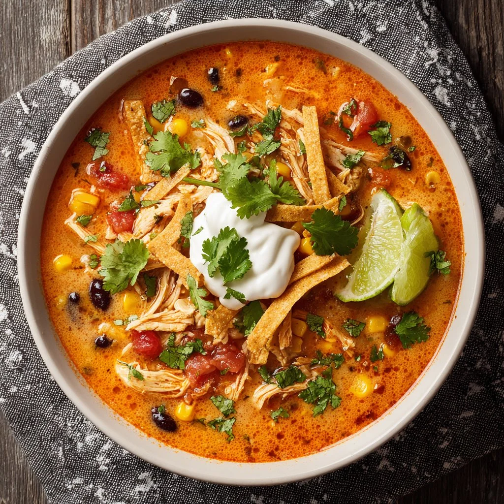 Bowl of creamy chicken tortilla soup topped with tortilla strips and spices