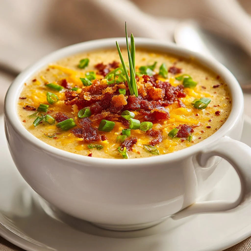 Warm bowl of creamy copycat potato soup garnished with herbs and spices