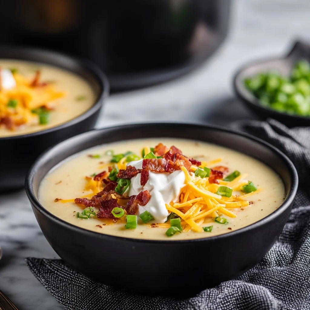 A bowl of creamy loaded baked potato soup topped with bacon and chives.