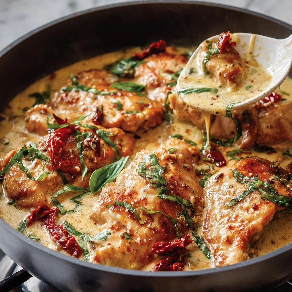 Creamy garlic chicken dish garnished with herbs, ready to serve.