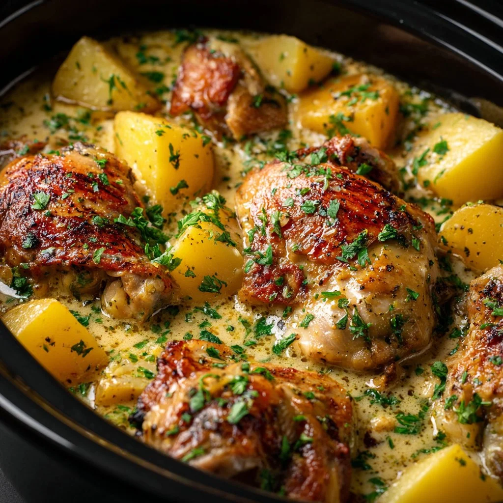Creamy garlic parmesan crockpot chicken with potatoes served in a bowl
