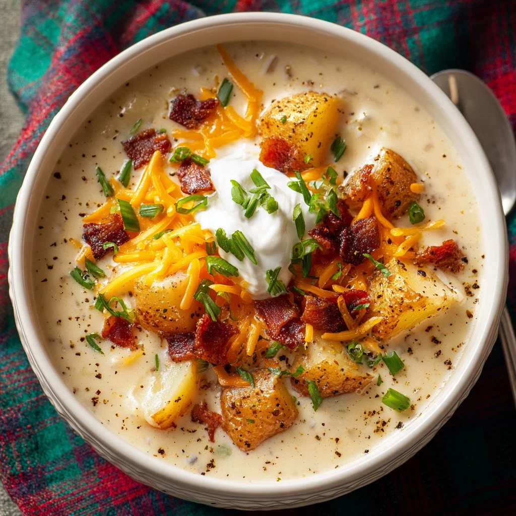 Bowl of creamy loaded baked potato soup topped with bacon and cheese