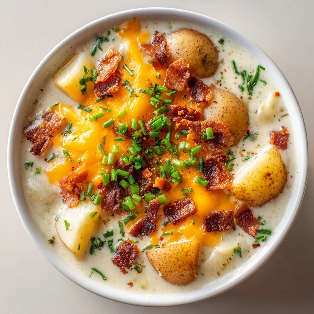 Bowl of creamy loaded baked potato soup topped with cheese and chives