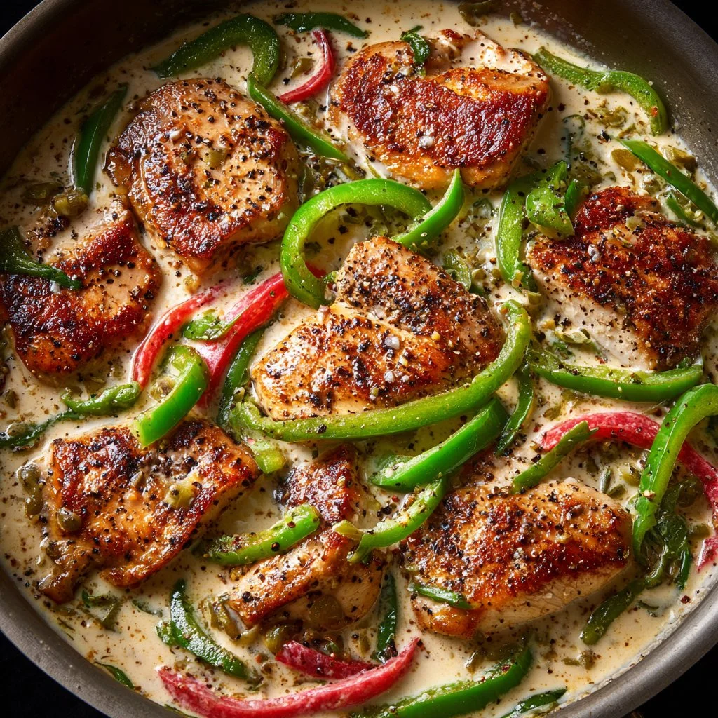 Creamy Pepperoncini Chicken dish in a skillet, garnished and ready to serve