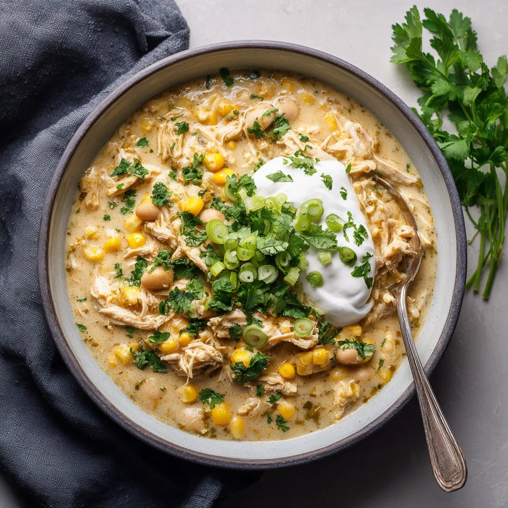 Bowl of creamy poblano white chicken chili with garnishes