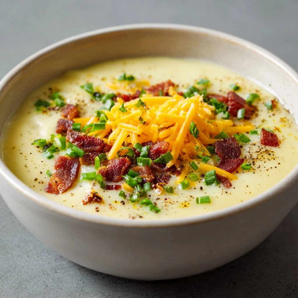 Creamy potato cheese bowl with melted cheese and herbs served in a bowl.