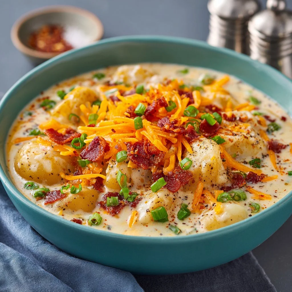 Bowl of creamy ranch loaded potato soup topped with green onions and cheese