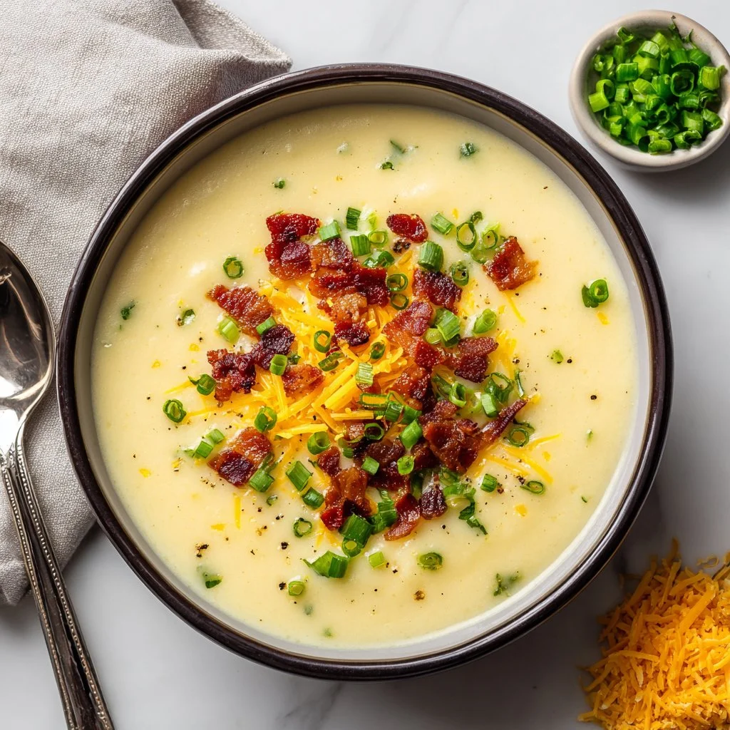 Bowl of creamy red potato soup garnished with herbs and served with bread