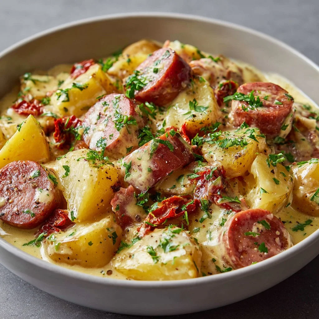 Creamy smoked sausage and potato crockpot dinner served in a bowl