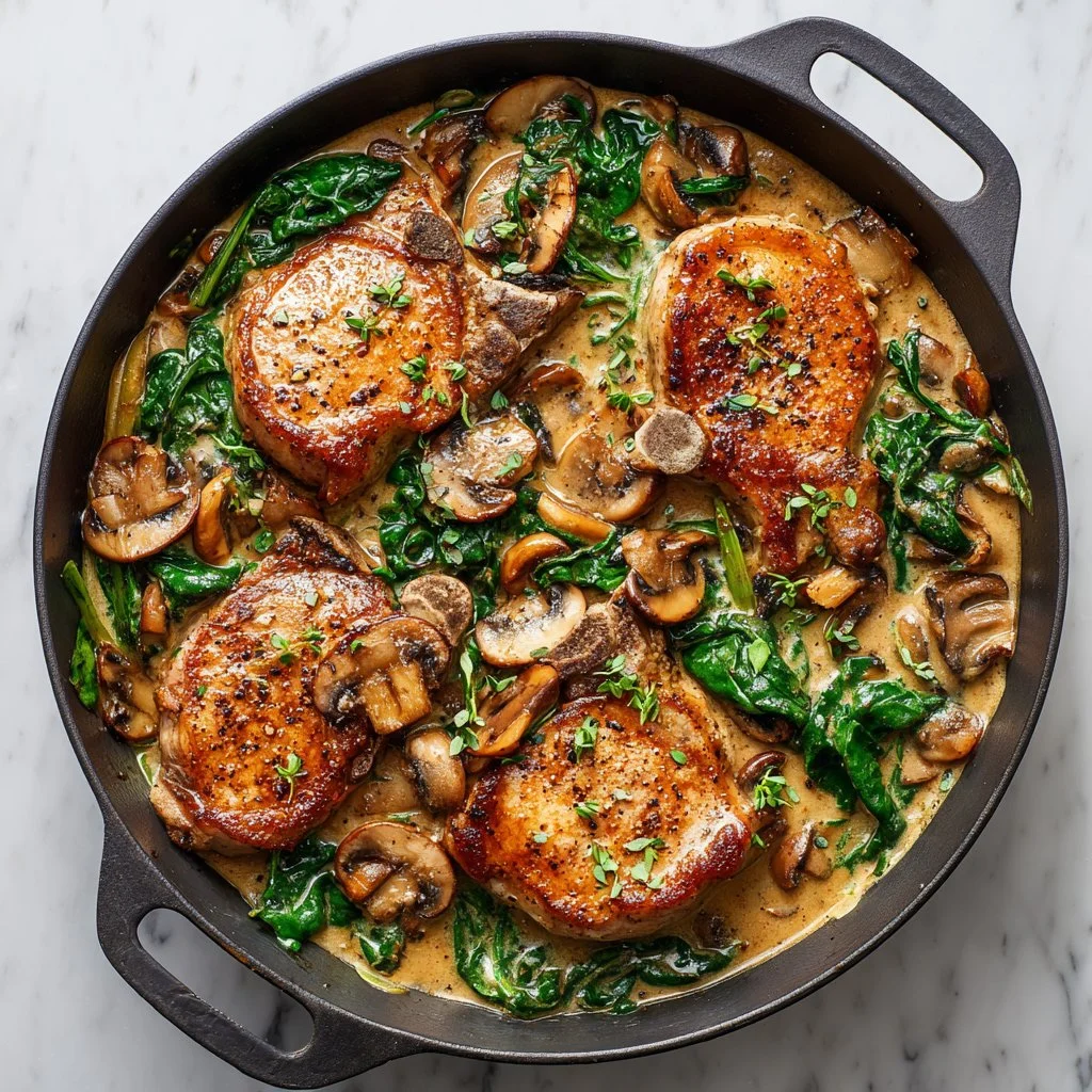Creamy spinach mushroom pork chops served on a plate