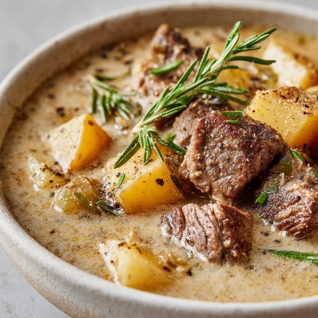 Delicious creamy steak potato soup with chunks of beef and diced potatoes