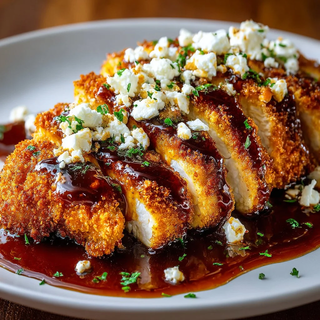 Crispy hot honey feta chicken garnished and plated for a delicious meal.
