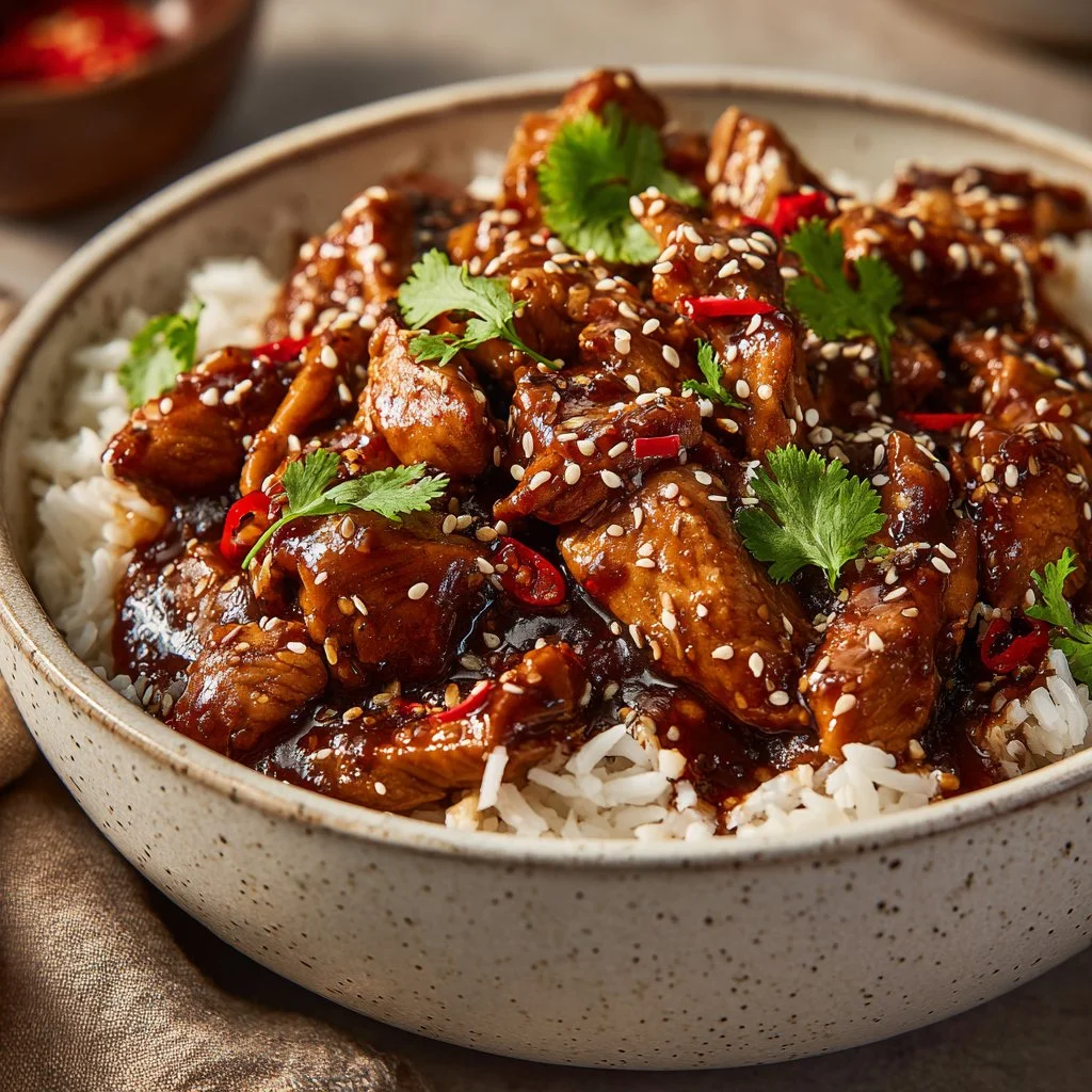 Delicious Crock Pot Bourbon Chicken served with rice and vegetables