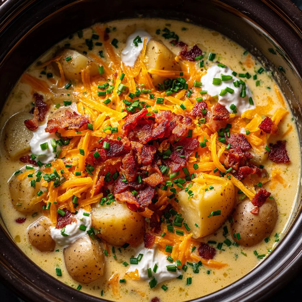 Crock Pot Crack Potato Soup in a bowl garnished with green onions and bacon bits