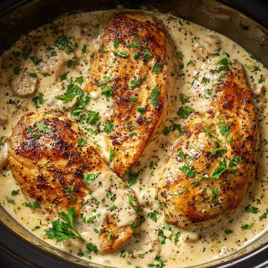 Crock Pot Marry Me Chicken served with creamy sauce and fresh herbs