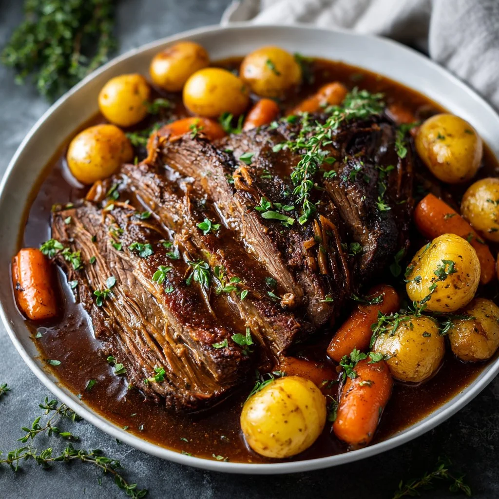 Delicious crock pot pot roast served with vegetables and gravy