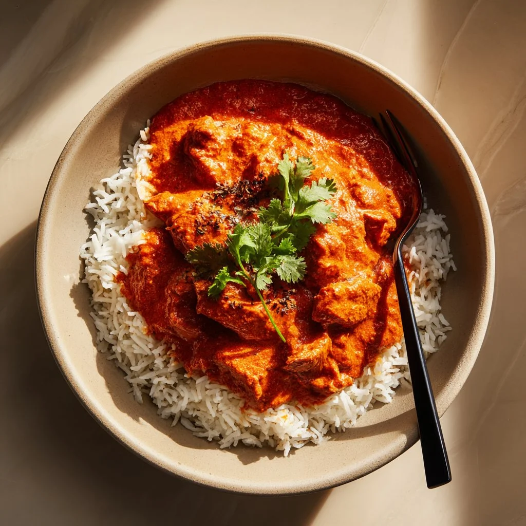 Crockpot Butter Chicken simmering in a slow cooker with vibrant spices and ingredients