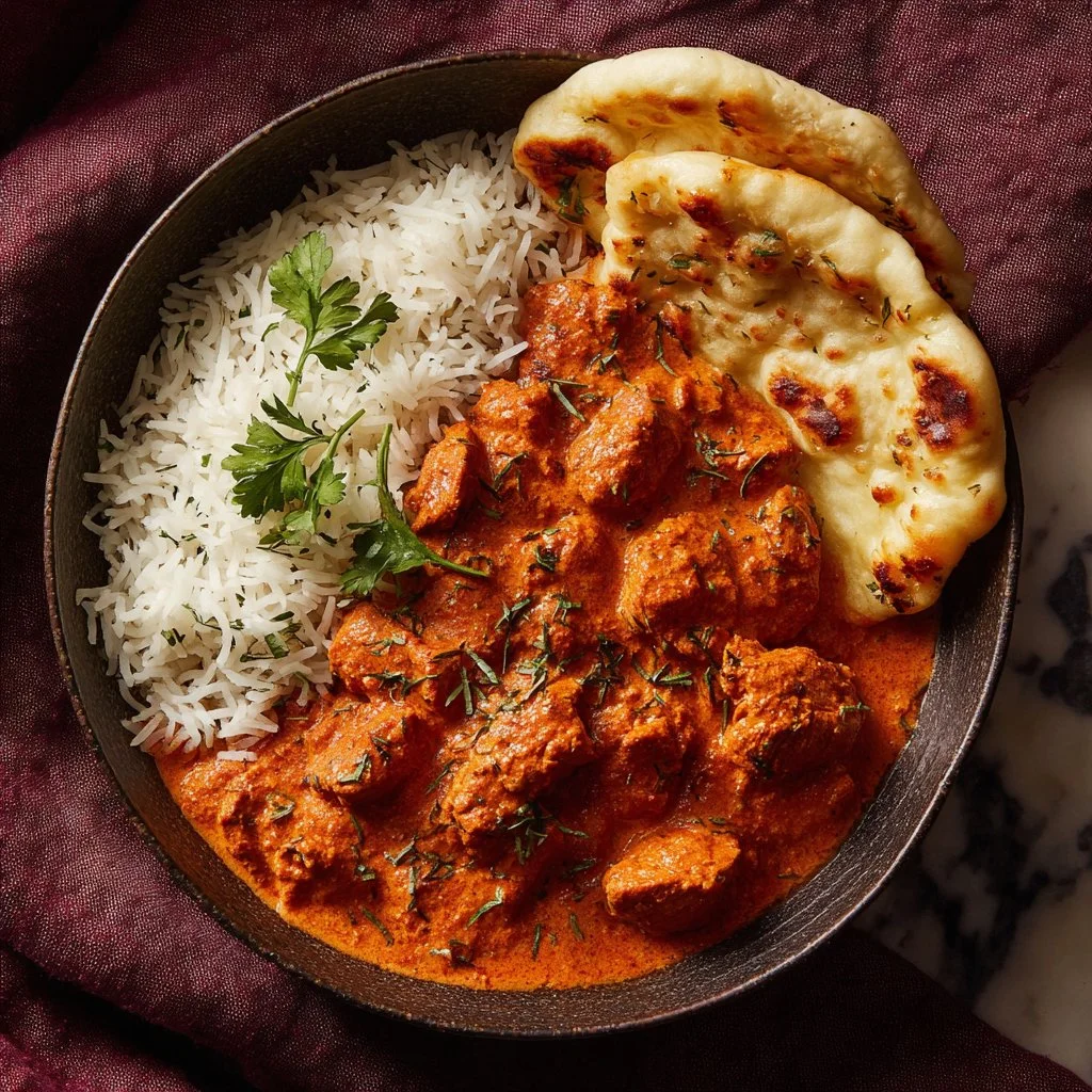 A bowl of creamy Crockpot Butter Chicken garnished with fresh cilantro.